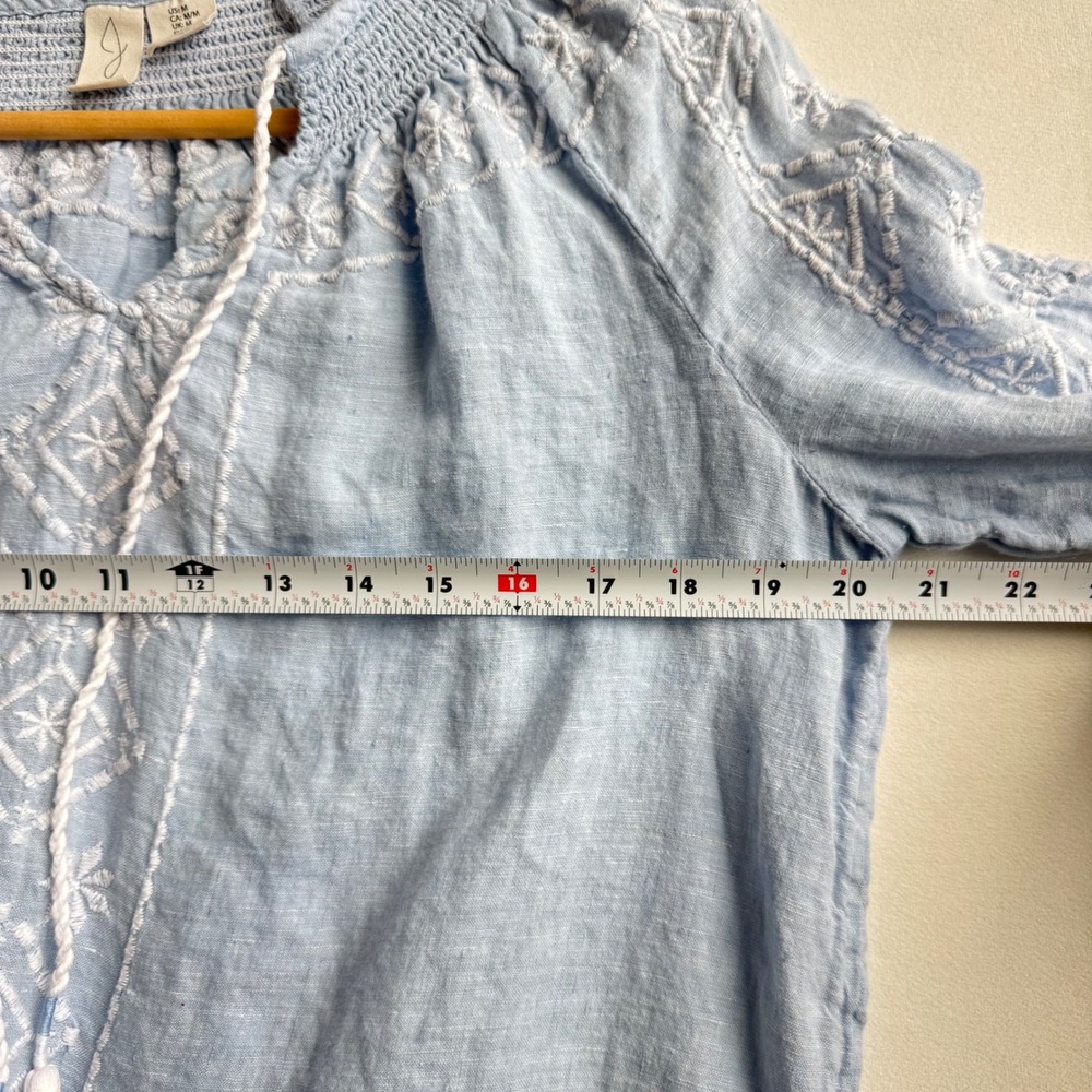 Joie Blue 100% Linen Embroidered Peasant Blouse Tassel Tie Top Size Medium - Picture 9 of 9